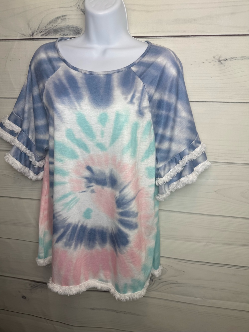 Soft Tie-Dye Short Sleeve Fringe Top - Pastel Blue, Pink & Mint - Picture 3 of 9